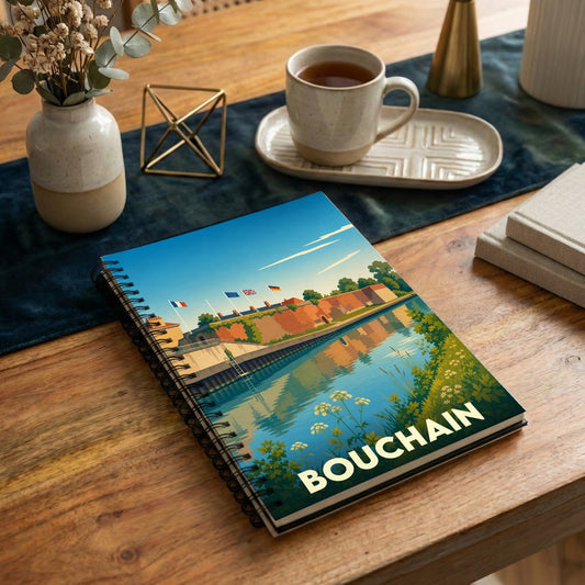 Carnet de notes souvenir de la ville de Bouchain avec une illustration stylisée de ses fortifications au bord de l'eau.