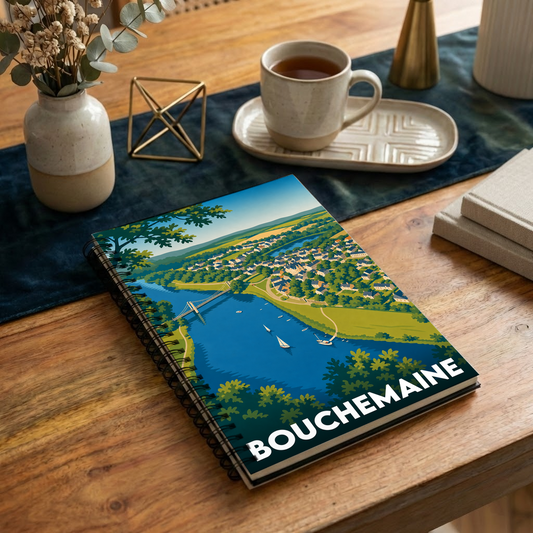 Carnet à spirales souvenir de la ville de Bouchemaine avec une illustration de paysage stylisée.
