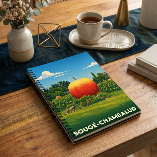 Carnet à spirales souvenir de la ville de Bougé-Chambalud avec une illustration stylisée d'une pomme géante dans un paysage rural.