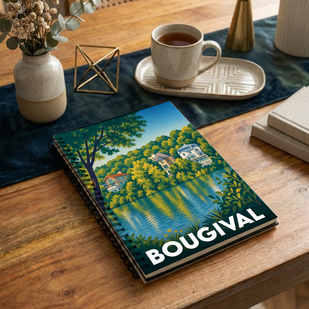 Carnet à spirales souvenir de la ville de Bougival avec une illustration stylisée et colorée de ses bords de Seine.