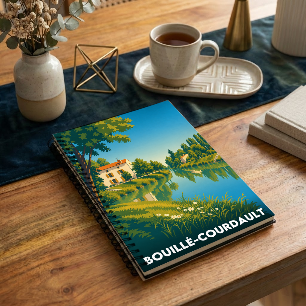 Carnet de notes souvenir de la ville de Bouillé-Courdault avec une illustration stylisée d'un paysage au bord de l'eau.