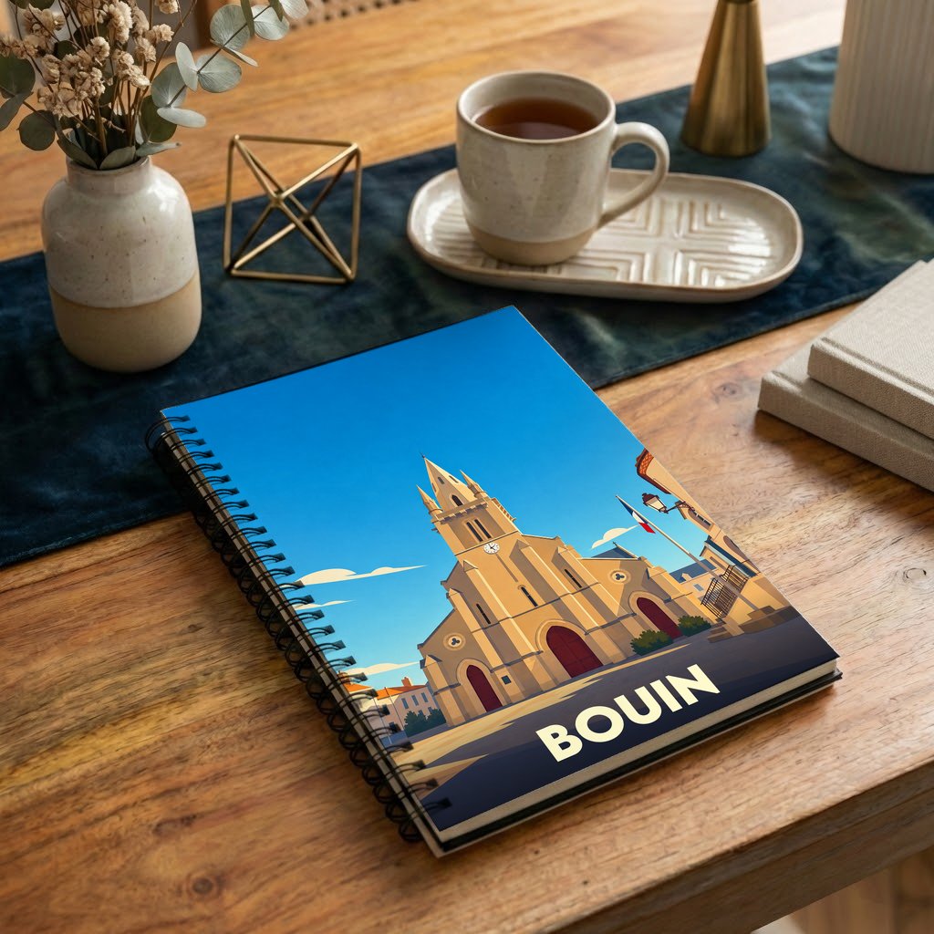 Carnet à spirales souvenir de la ville de Bouin avec une illustration stylisée de son église.