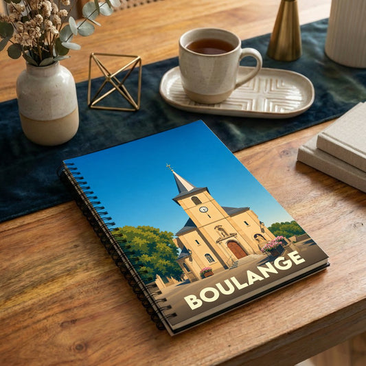 Carnet à spirales souvenir de la ville de Boulange avec une illustration stylisée de son église.