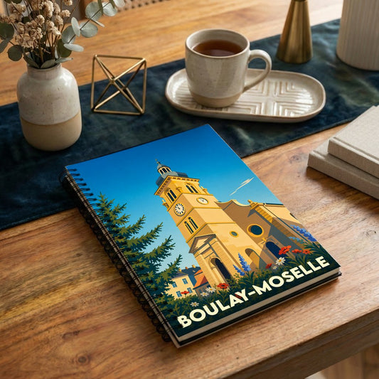 Carnet à spirales souvenir de la ville de Boulay-Moselle avec une illustration stylisée de son église.