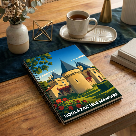Carnet de notes à spirales souvenir de Boulazac Isle Manoire avec une illustration stylisée de son château.