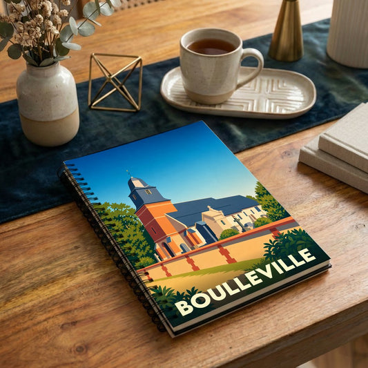 Carnet souvenir de la ville de Boulleville avec une illustration stylisée de son église.