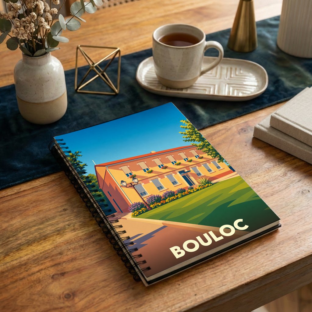 Carnet de notes souvenir de la ville de Bouloc avec une illustration colorée et stylisée de sa mairie.