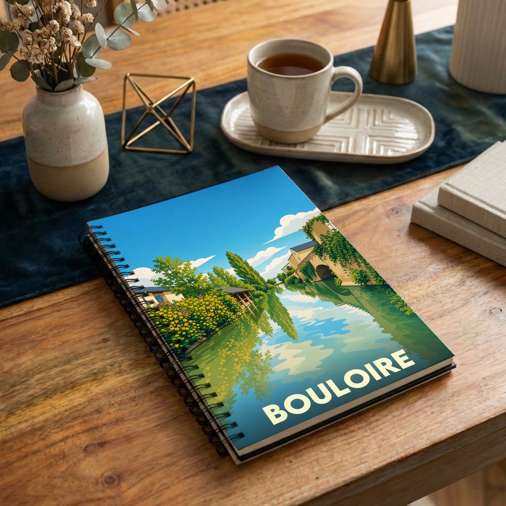 Carnet à spirales souvenir de la ville de Bouloire avec une illustration stylisée d'un paysage fluvial.
