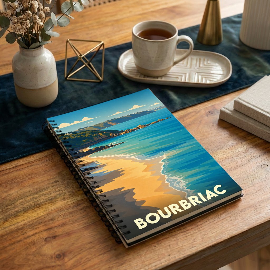 Carnet à spirales souvenir de la ville de Bourbriac avec une illustration stylisée de paysage côtier.