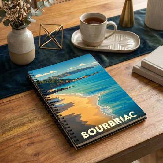 Carnet à spirales souvenir de la ville de Bourbriac avec une illustration stylisée de paysage côtier.
