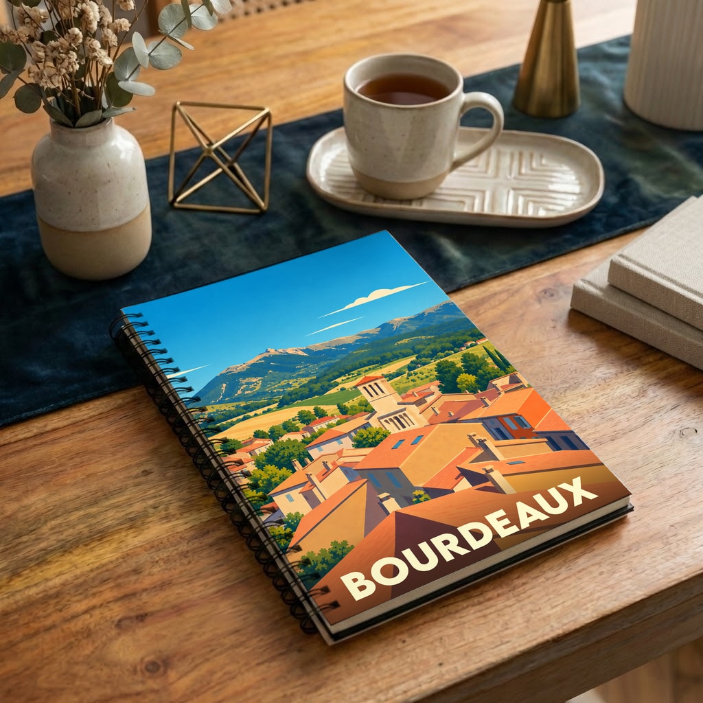 Carnet souvenir de la ville de Bourdeaux avec une illustration stylisée d'un village provençal.