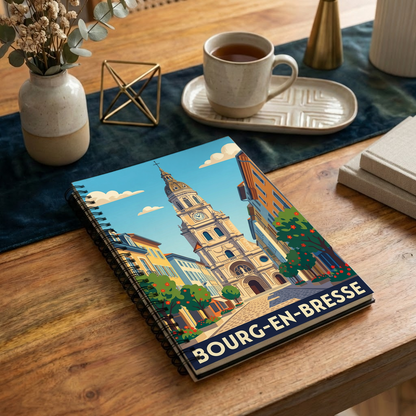 Carnet souvenir de la ville de Bourg-en-Bresse avec une illustration stylisée.
