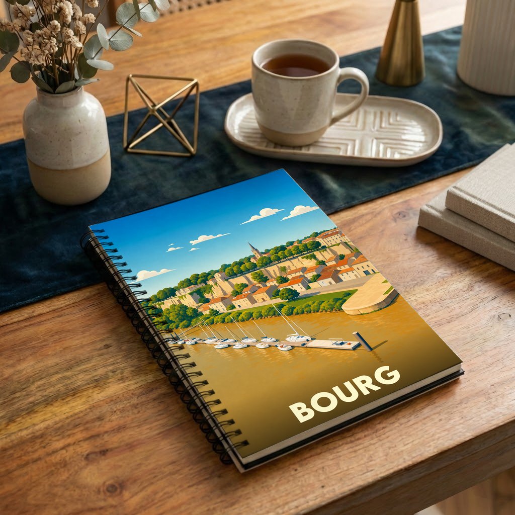 Carnet souvenir de la ville de Bourg avec une illustration stylisée de son port et de sa citadelle.