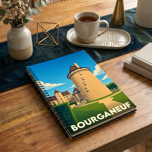 Carnet à spirales souvenir de la ville de Bourganeuf avec une illustration stylisée de sa tour médiévale.
