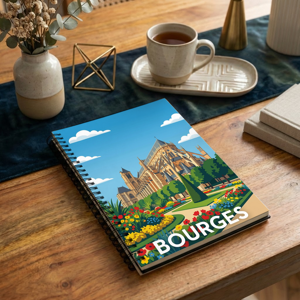 Carnet souvenir de la ville de Bourges avec une illustration stylisée de sa cathédrale et de ses jardins.