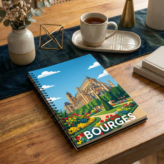 Carnet souvenir de la ville de Bourges avec une illustration stylisée de sa cathédrale et de ses jardins.