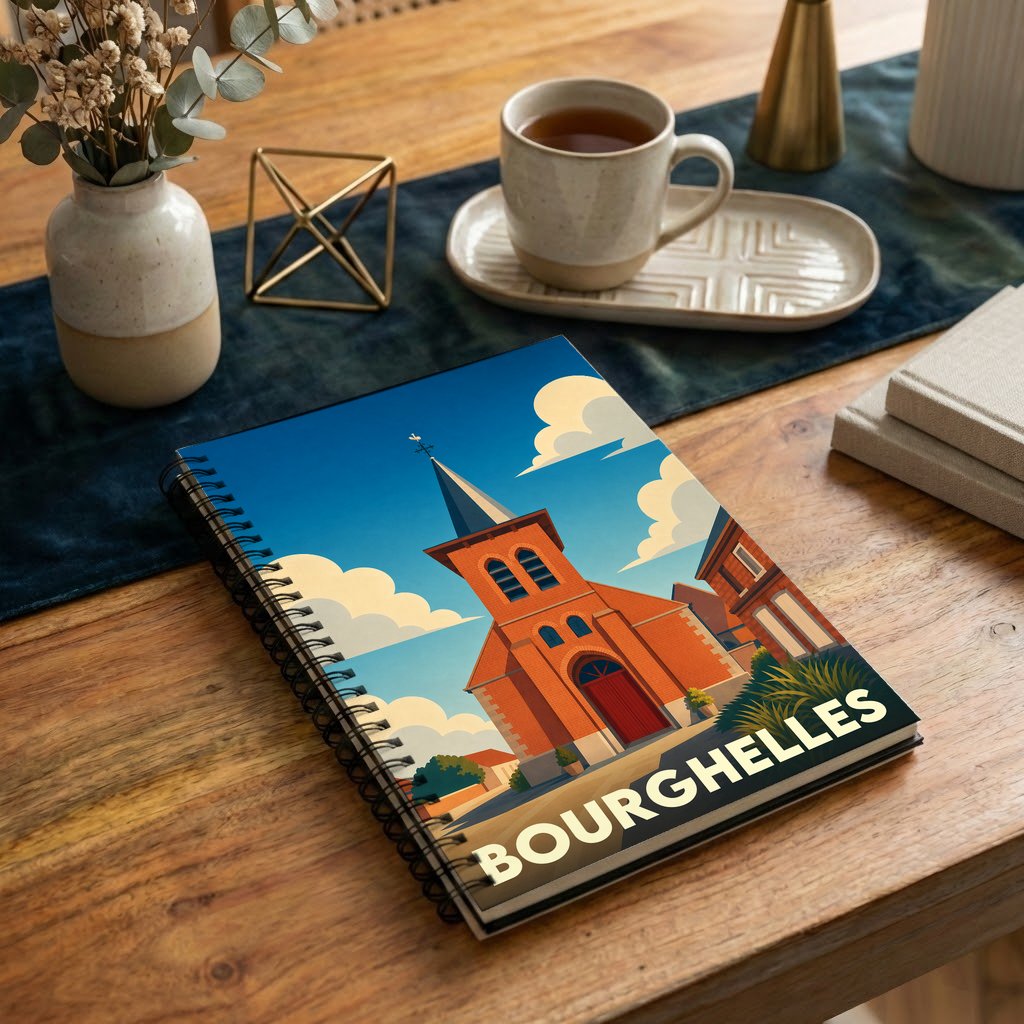 Carnet à spirales souvenir de la ville de Bourghelles avec une illustration stylisée de son église.