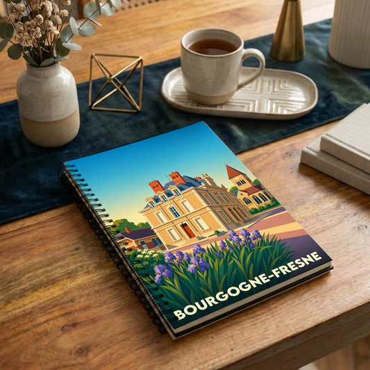 Carnet souvenir de la ville de Bourgogne-Fresne illustré par un manoir de style classique entouré de fleurs.
