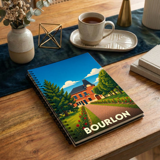 Carnet à spirales souvenir de la ville de Bourlon avec une illustration stylisée.
