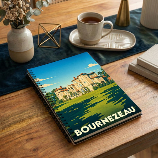 Carnet à spirales souvenir de la ville de Bournezeau avec une illustration stylisée d'un château.