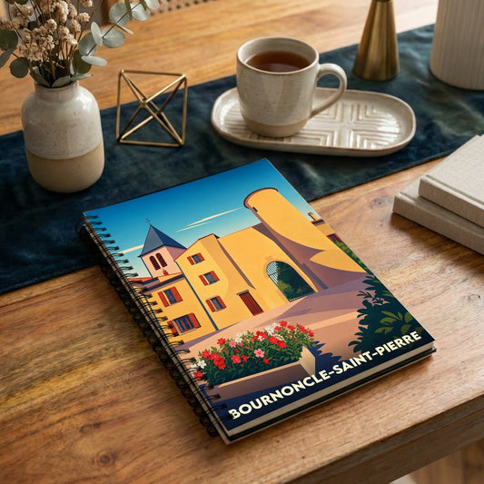 Carnet de notes souvenir de Bournoncle-Saint-Pierre avec une illustration stylisée de la ville.