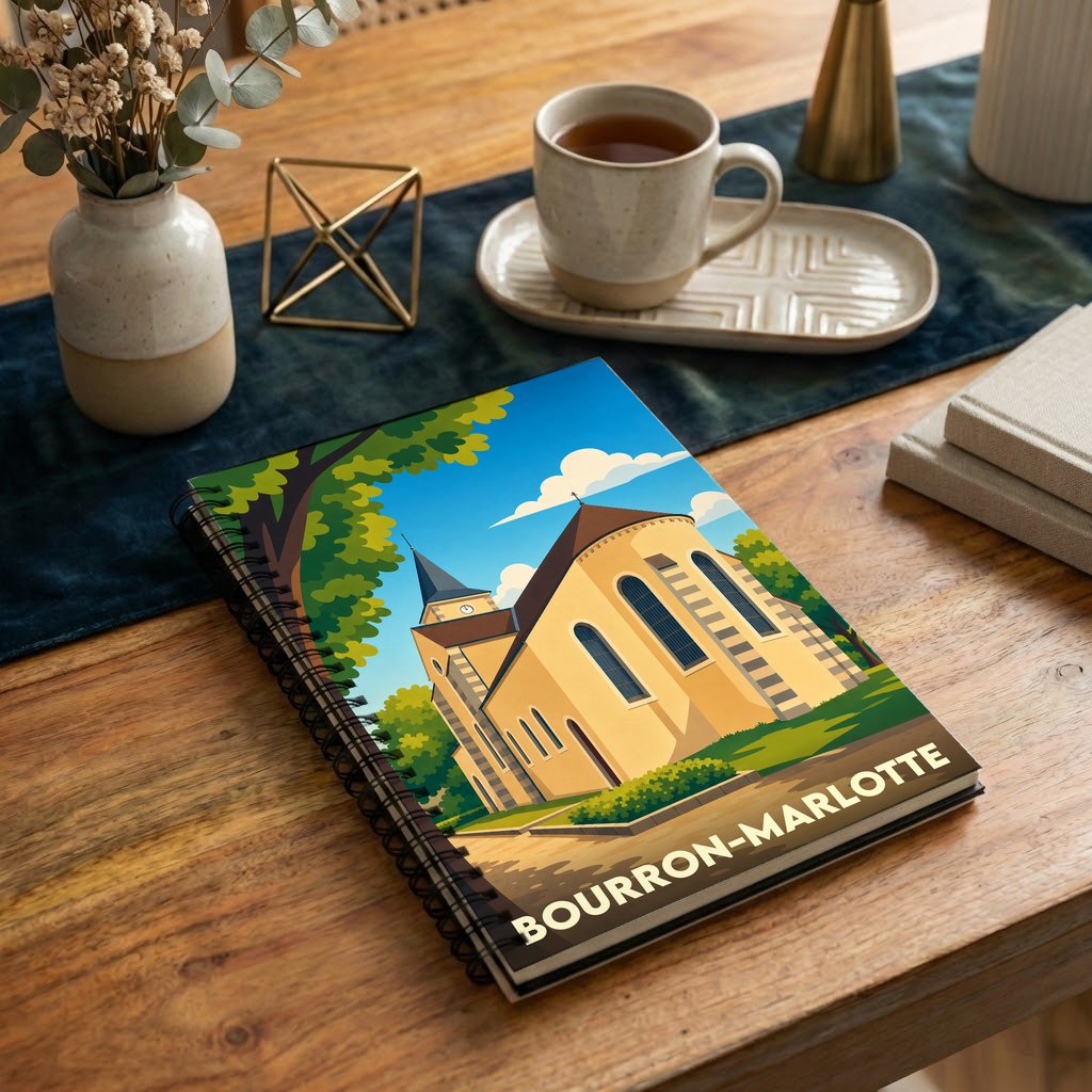 Carnet souvenir de la ville de Bourron-Marlotte avec une illustration stylisée de son église.