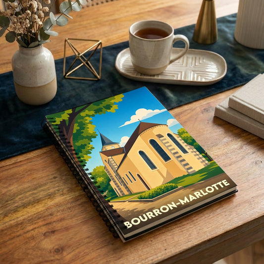 Carnet souvenir de la ville de Bourron-Marlotte avec une illustration stylisée de son église.