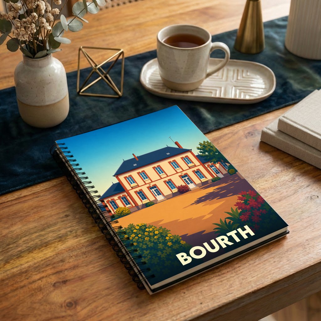 Carnet à spirales souvenir de la ville de Bourth avec une illustration stylisée d'une grande demeure.
