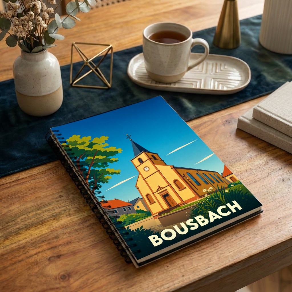 Carnet à spirales souvenir de la ville de Bousbach orné d'une illustration stylisée de son église sous un ciel bleu.