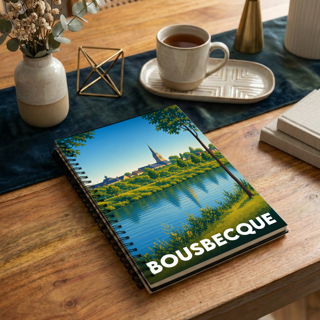 Carnet souvenir de la ville de Bousbecque avec une illustration stylisée d'un paysage fluvial.