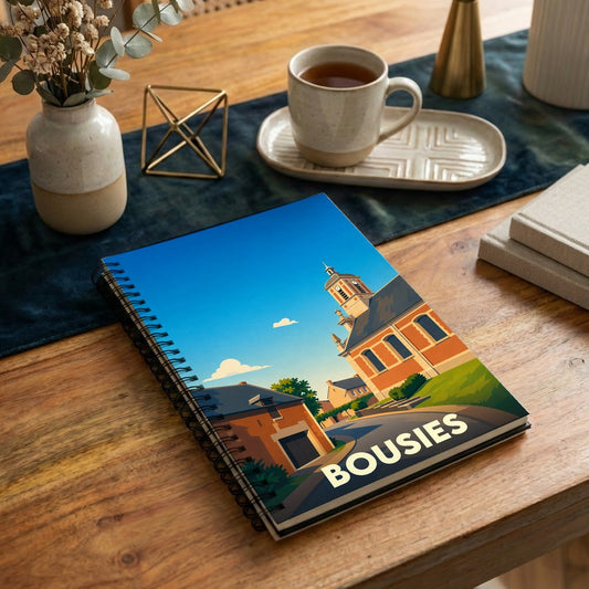 Carnet souvenir de la ville de Bousies avec une illustration stylisée.