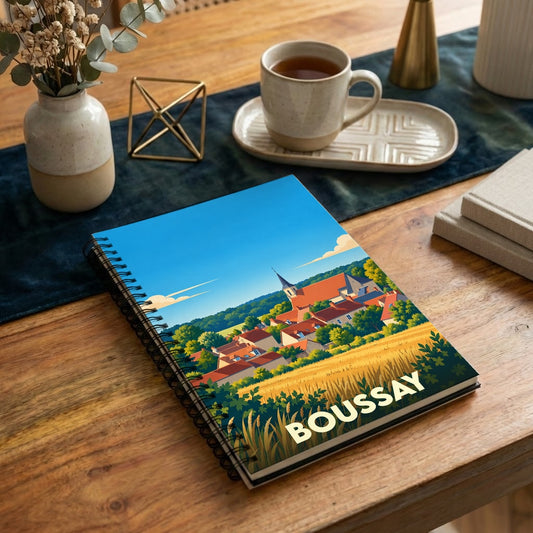 Carnet de notes souvenir de la ville de Boussay avec une illustration stylisée de son paysage urbain et champêtre.