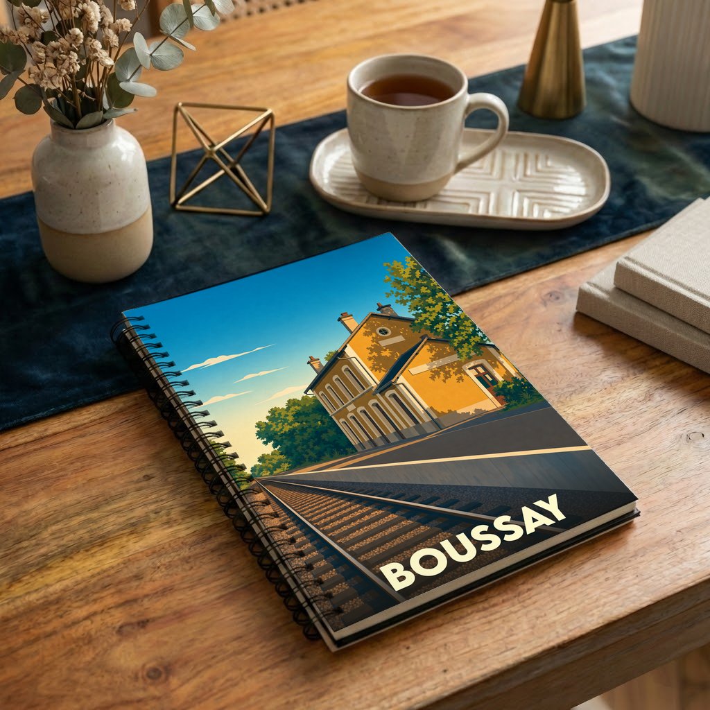 Carnet souvenir de la ville de Boussay avec une illustration stylisée de sa gare et de la voie ferrée.