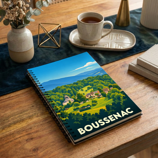 Carnet à spirales souvenir de la ville de Boussenac avec une illustration paysagère stylisée.