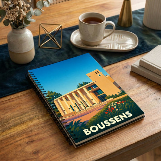 Carnet souvenir de la ville de Boussens avec une illustration stylisée de son architecture.