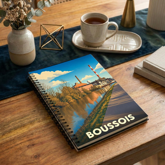 Carnet souvenir de la ville de Boussois avec une illustration stylisée représentant un paysage industriel au bord de l'eau.