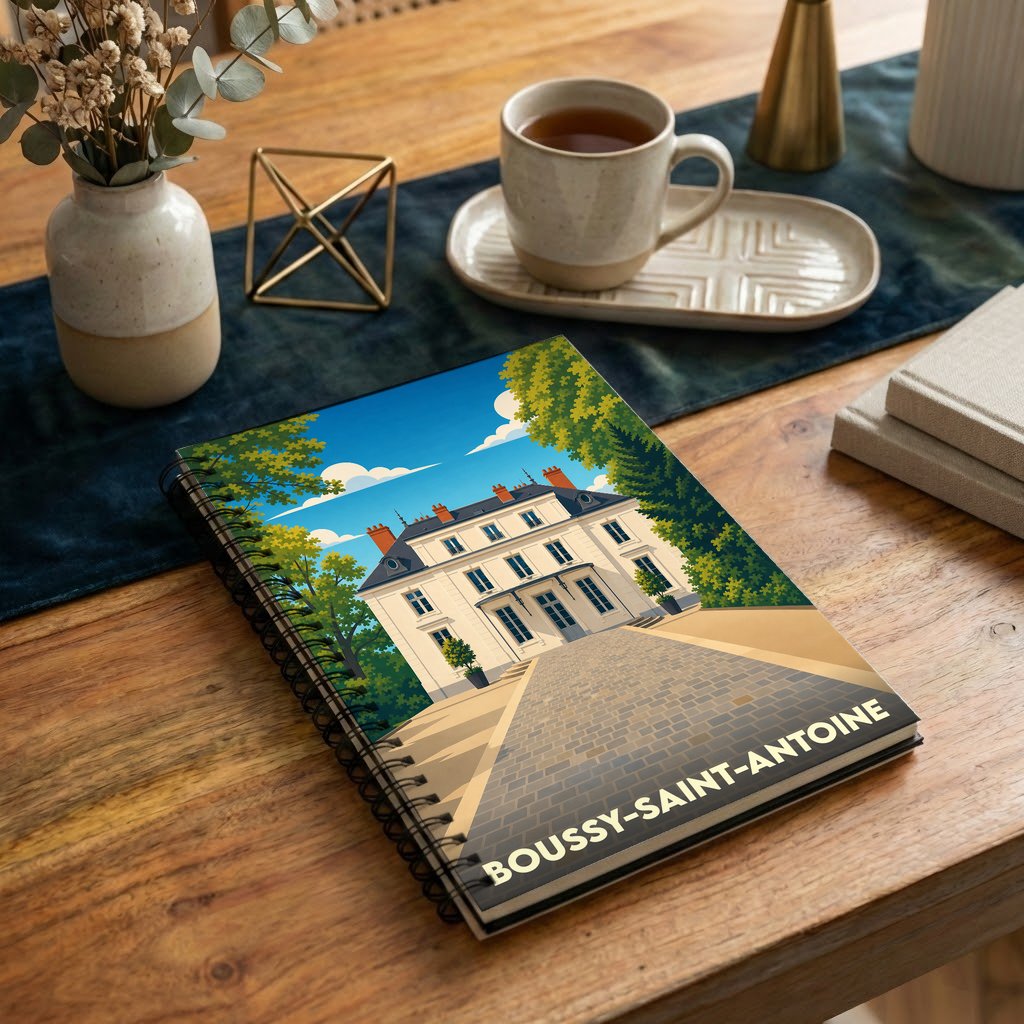 Carnet à spirales souvenir de la ville de Boussy-Saint-Antoine avec une illustration stylisée de son patrimoine.