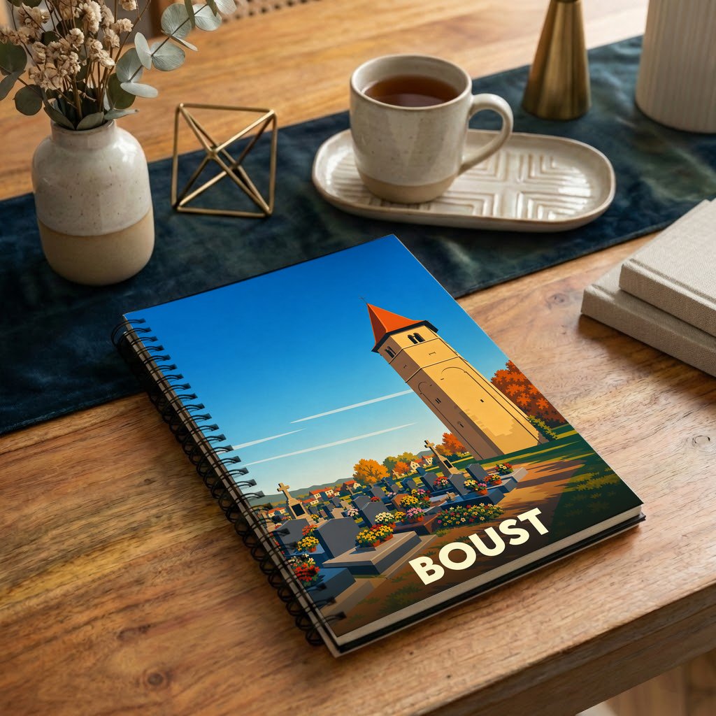 Carnet à spirale souvenir de la ville de Boust avec une illustration stylisée de son église et de son cimetière.