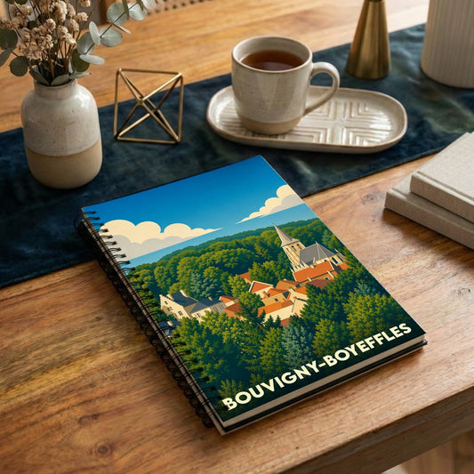 Carnet à spirales souvenir de la ville de Bouvigny-Boyeffles avec une illustration stylisée.