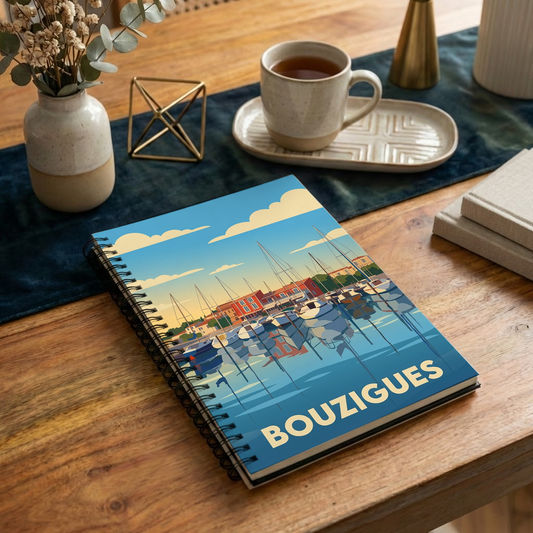 Carnet souvenir de la ville de Bouzigues avec une illustration stylisée de son port.