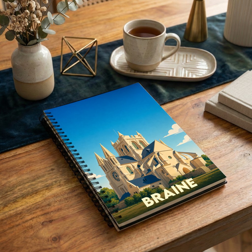Carnet de notes à spirales souvenir de la ville de Braine avec une illustration stylisée de son église abbatiale.