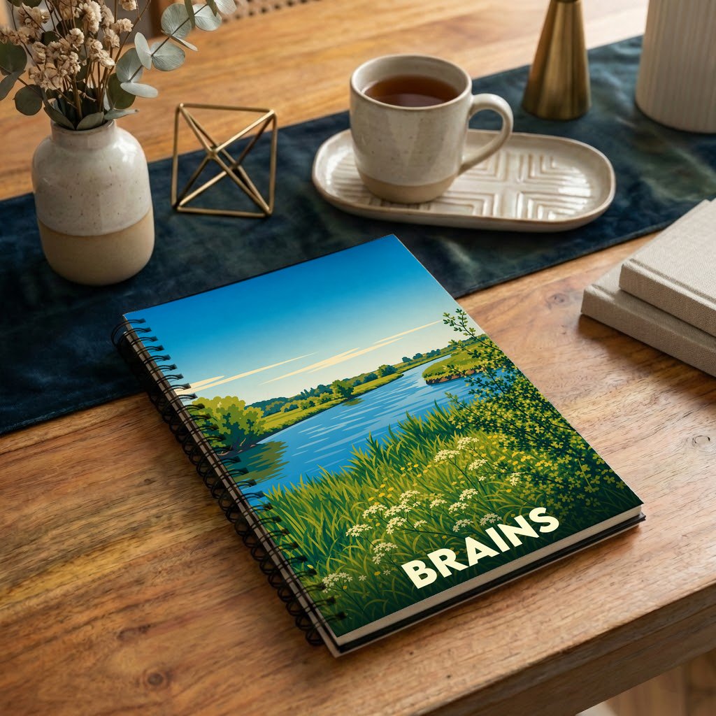 Carnet souvenir de la ville de Brains avec une illustration stylisée d'un paysage de rivière.