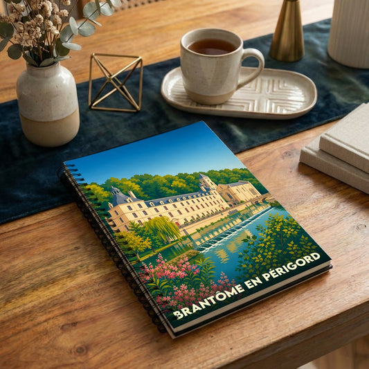 Carnet souvenir à spirale de la ville de Brantôme en Périgord avec une illustration stylisée.