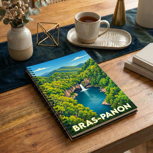 Carnet souvenir de la ville de Bras-Panon illustré d'un paysage de cascade tropicale.