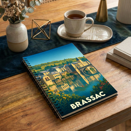 Carnet à spirales souvenir de la ville de Brassac avec une illustration stylisée et colorée.