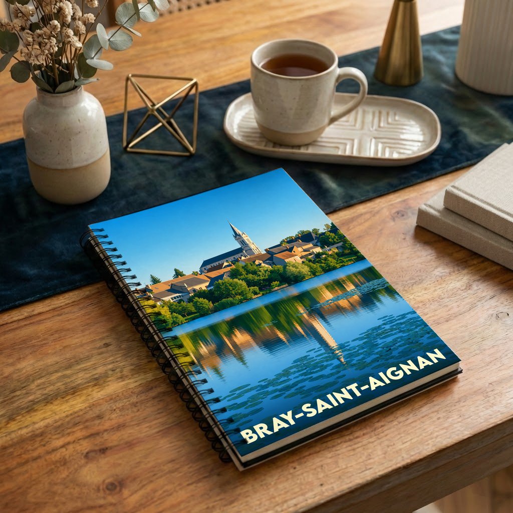 Carnet de notes à spirales souvenir de la ville de Bray-Saint-Aignan avec une illustration stylisée d'un paysage au bord de l'eau.