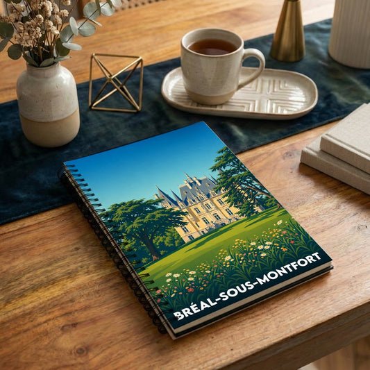 Carnet à spirales souvenir de Bréal-sous-Montfort illustré d'un château majestueux et de jardins fleuris.