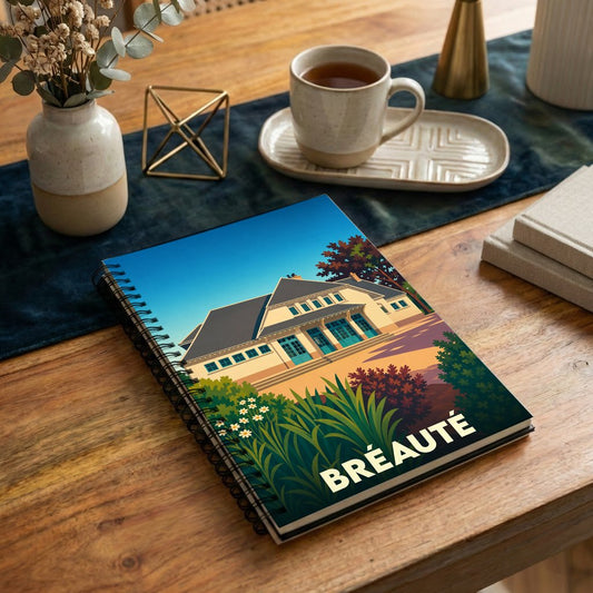 Carnet de notes souvenir de la ville de Bréauté avec une illustration stylisée d'une maison et de son jardin.