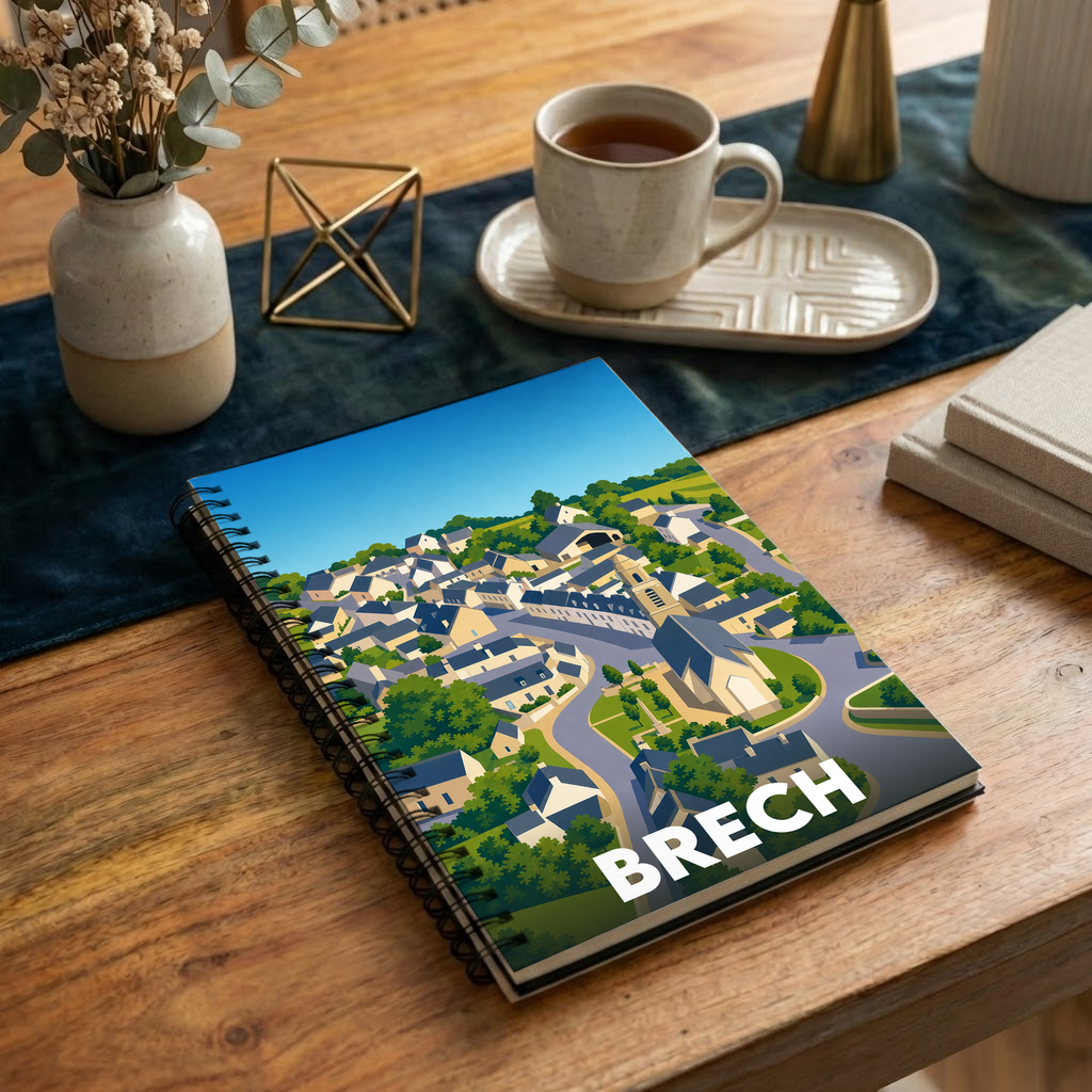 Carnet à spirales souvenir de la ville de Brech avec une illustration stylisée vue du ciel.