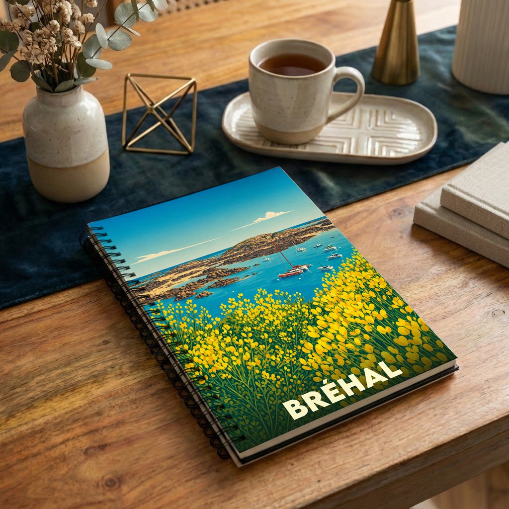 Carnet à spirales souvenir de la ville de Bréhal avec une illustration stylisée d'un paysage côtier fleuri.